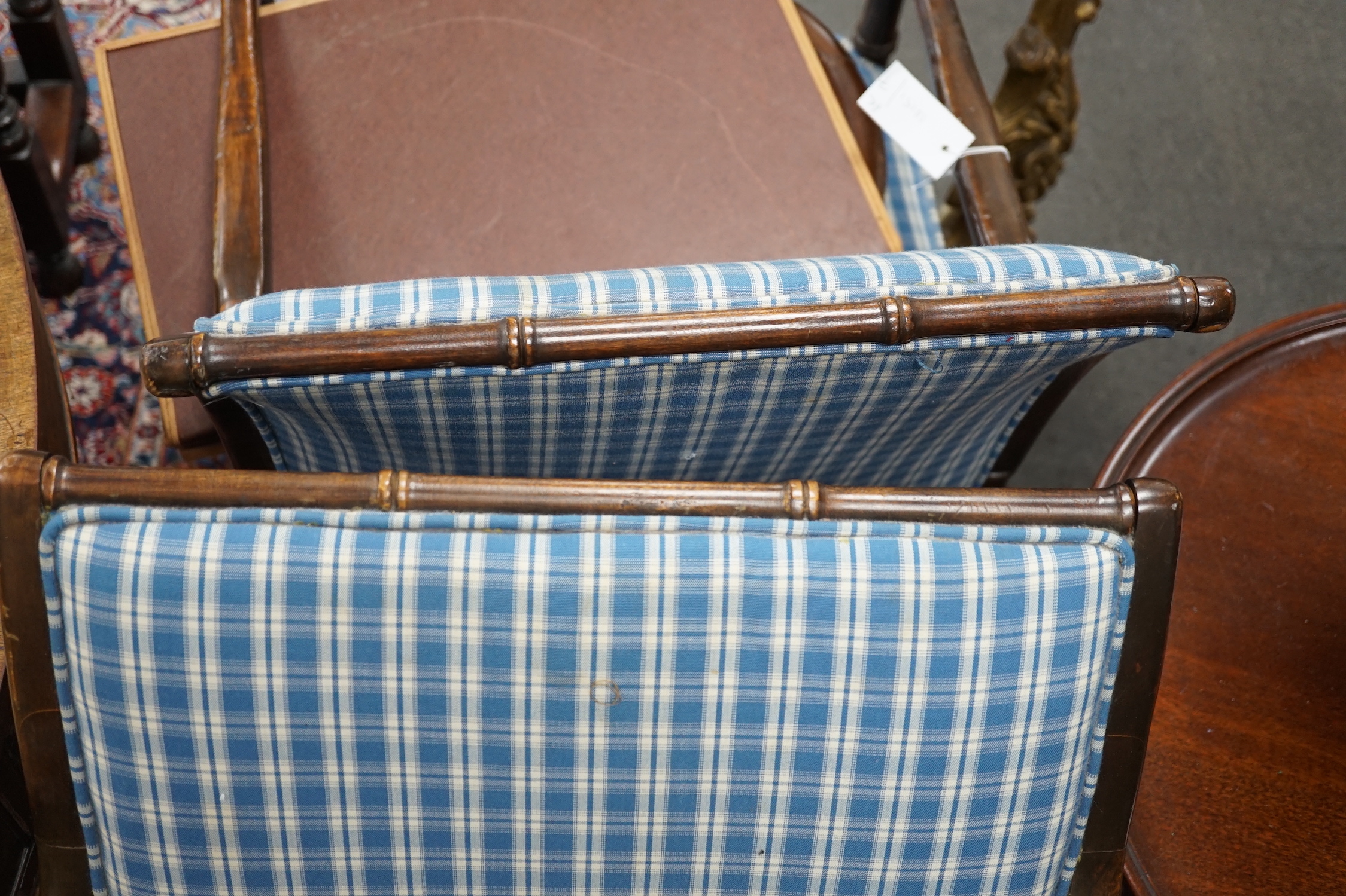 A pair of Regency style beech faux bamboo elbow chairs, width 51cm, depth 48cm, height 89cm